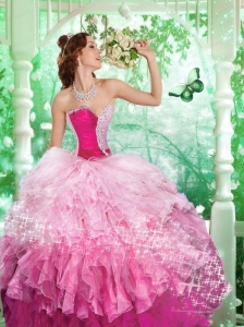 2015 Inexpensive Sweetheart Pink Beading and Ruffles Quince Dresses