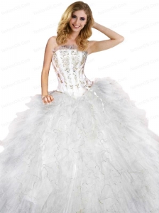 2015 New Arrival Strapless Appliques and Ruffles White Quincenera Dresses