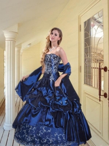 2015 New Style Strapless Navy Blue Sweet Sixteen Dresses with Appliques and Pick-ups
