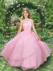 2015 Pretty Good One Shoulder Pink Quinceanera Gown with Appliques