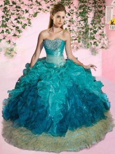Cheap Sweetheart Turquoise Quinceanera Dresses with Appliques and Ruffles