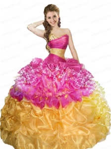 Elegant Sweetheart Fuchsia and Gold Dresses For Quinceanera with Beading and Pick-ups