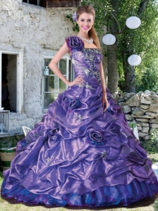 Latest A-line One Shoulder Appliques and Hand Made Flowers Quince Dress in Purple