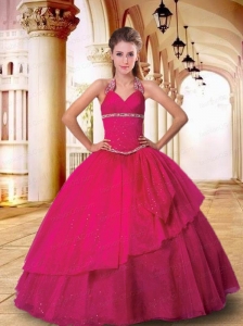 The Super Hot Halter Top Hot Pink Quinceanera Gown with Beading and Ruching