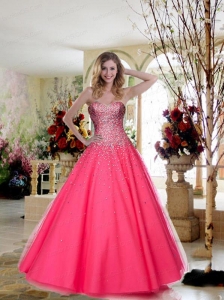 2015 Remarkable Tulle A-line Hot Pink Quinceanera Dress with Beading