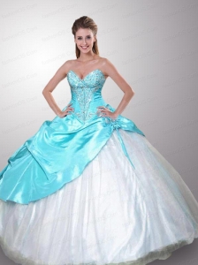 Elegant Sweetheart White and Blue Quincenera Dress with Appliques and Beading