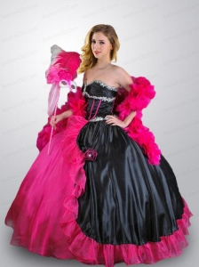 Gorgeous Pink and Black Quinceanera Dress with Hand Made Flower and Beading
