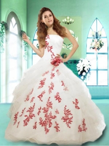 Gorgeous Strapless White Quinceanera Gown with Appliques and Hand Made Flower