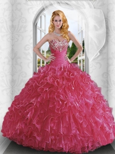 Inexpensive Sweetheart Red Quinceanera Dresses with Beading and Ruffles