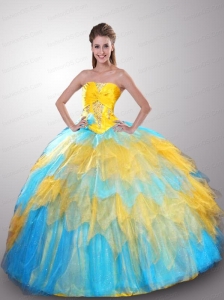 Popular Colorful Strapless Beaded Decorate Quinceanera Dress with Ruffles