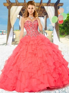 2015 Fashionable Coral Red Quinceanera Dresses with Appliques and Ruffles