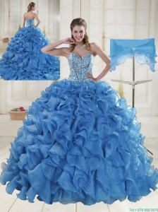 Elegant Brush Train Beading Quinceanera Dresses in Baby Blue