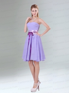 Decent Lavender Ruched Mini Length Prom Dresses with Bowknot Sash