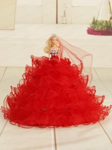 Red Bowknot Organza Quinceanera Doll Dress