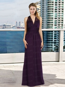 V Neck Empire Ruching Dark Purple Prom Dresses with Floor Length