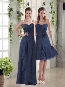 Navy Blue Ruching and Hand Made Flowers  Prom Dresses with Sweetheart