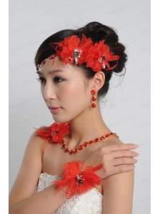 Red Alloy and Rhinestones Necklace and Earing Sets in Red and Gold