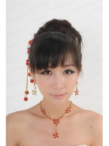 Red Rhinestone Dignified Necklace And Earring Set For Ladies