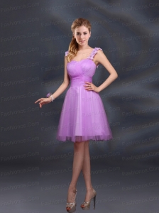 A Line Straps Appliques Prom Dresses in Lilac