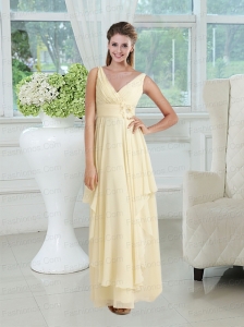 Empire V Neck Chiffon Prom Dress with Appliques and Ruching