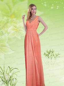 2015 Simple V Neck Empire Ruching and  Prom Dress in Watermelon Red
