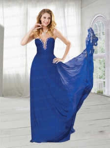 Beaded Plunging Neckline Chiffon Prom Dress in Royal Blue