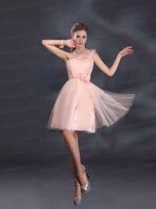 One Shoulder A Line Tulle Prom Dresses with Hand Made Flowers