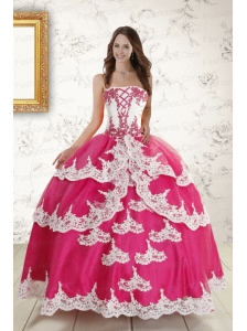 2015 Hot Pink Strapless Quinceanera Dresses with Appliques