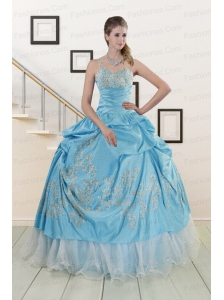 2015 Pretty One Shoulder Appliques and Beaded Quinceanera Dresses in Aqua Blue