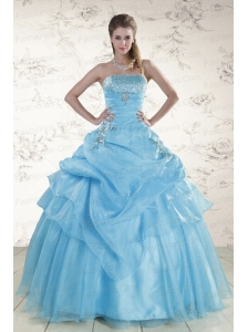 Pretty Aqua Blue 2015 Strapless Quinceanera Dresses with Beading