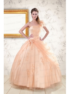 2015 Pretty One Shoulder Appliques Quinceanera Dress in Peach