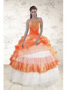 2015 Perfect Strapless Appliques and Beaded Quinceanera Dresses in Orange