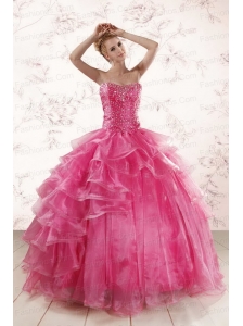 Hot Pink Sweetheart Beading Quinceanera Dresses with Brush Train