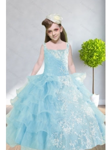 2015 Ball Gown Appliques and Ruffles Baby Bule Little Girl Pageant Dress with Straps