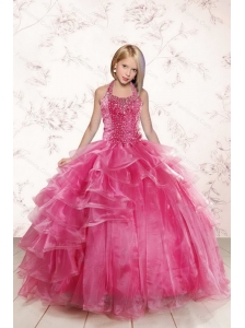 2015 Beautiful Pink Little Girl Pageant Dress with Beading and Ruffled Layers