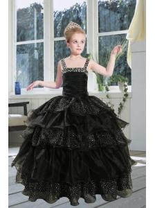 2015 Fashionable Black Straps Sequins Ruffles Organza Little Girl Pageant Dress