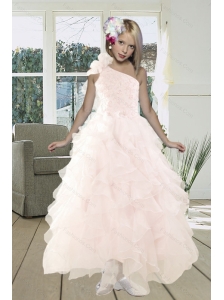 2015 Gorgeous A Line One Shoulder Baby Pink Prom Dress with Beading and Ruffles