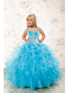 2015 Modest Appliques and Ruffles Aqua Blue Little Girl Pageant Dress
