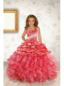 Exquisite Appliques and Ruffles Coral Red Flower Girl Dress for 2015 Spring