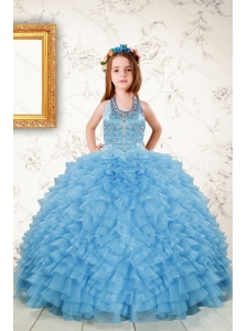 Fashionable Beading and Ruffles Little Girl Dress in Aqua Blue