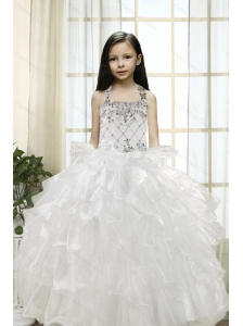 White Ball Gown Halter 2015 Little Girl Pageant Dress with Beading and Ruffles
