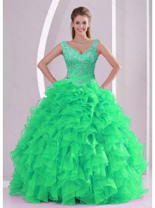 2015 Detachable Spring Green Quinceanera Dresses with Beading and Ruffles