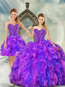 Custom Made and Detachable Blue and Lavender Dresses for Quince with Beading and Ruffles