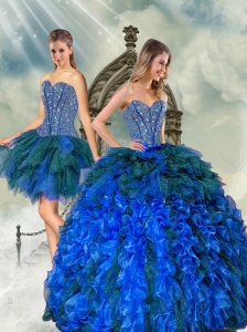 2015 Pretty Beading and Ruffles Quince Dresses in Royal Blue and Teal