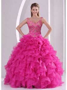 Unique and Detachable Hot Pink Quince Dresses with Beading and Ruffles for 2015