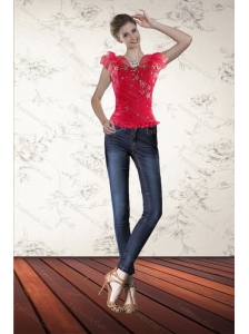 2015 Red Beaded Sweetheart Corset with Ruffled Layers