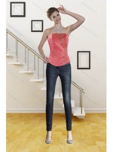 Watermelon Red Ruffled Strapless 2015 Corset with Beading