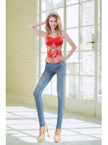 2015 Best Sweetheart Coral Red Corset With Appliques