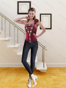2015 Cute Wine Red One Shoulder Corset with Beading