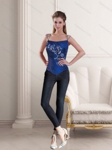 2015 Royal Blue Spaghetti Straps Corset with Embroidery and Beading
